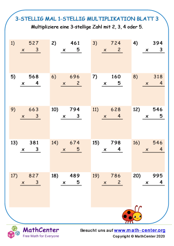 3-Stellig Mal 1-Stellig Multiplikation Blatt 3