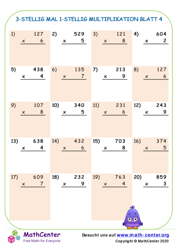 3-Stellig Mal 1-Stellig Multiplikation Blatt 4