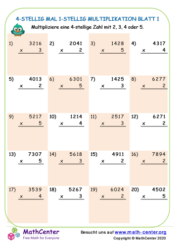 4-Stellig Mal 1-Stellig Multiplikation Blatt 1