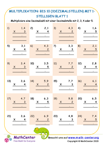 Multiplikation: Bis 10 (1Dezimalstellen) Mit 1-Stelligen Blatt 1