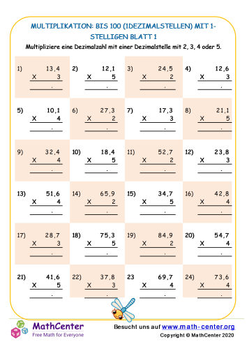 Multiplikation: Bis 100 (1Dezimalstellen) Mit 1-Stelligen Blatt 1