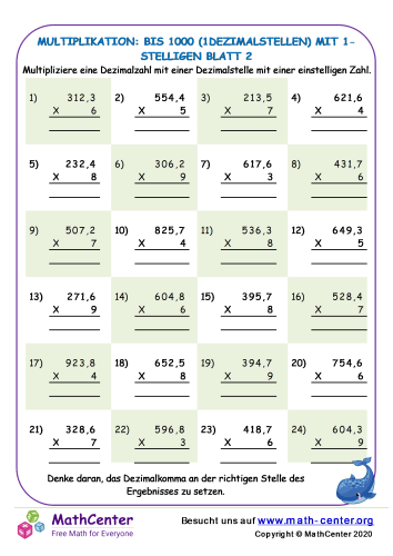 Multiplikation: Bis 1000 (1Dezimalstellen) Mit 1-Stelligen Blatt 2