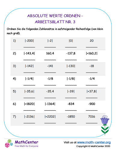 Absolute Werte Ordnen - Arbeitsblatt Nr. 3