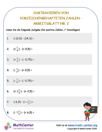 Subtrahieren Von Vorzeichenbehafteten Zahlen - Arbeitsblatt Nr. 2
