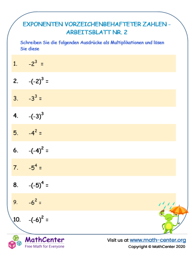 Exponenten Vorzeichenbehafteter Zahlen - Arbeitsblatt Nr. 2