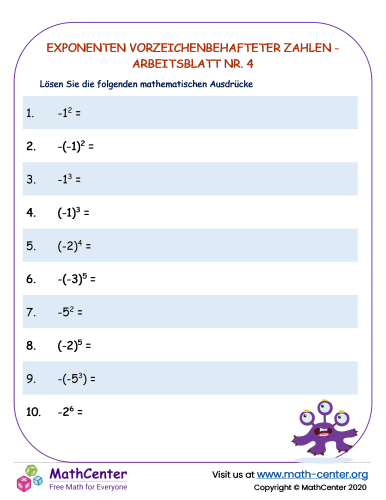 Exponenten Vorzeichenbehafteter Zahlen - Arbeitsblatt Nr. 4