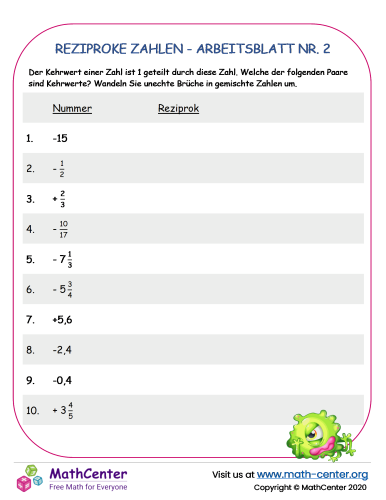 Reziproke Zahlen - Arbeitsblatt Nr. 2