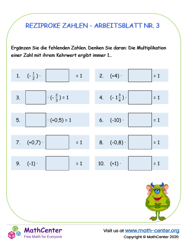 Reziproke Zahlen - Arbeitsblatt Nr. 3