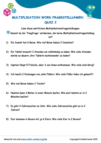 Multiplikations-Wortfragestellungen Quiz 2