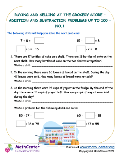 Buying and selling at the grocery shop – Addition and subtraction problems up to 100