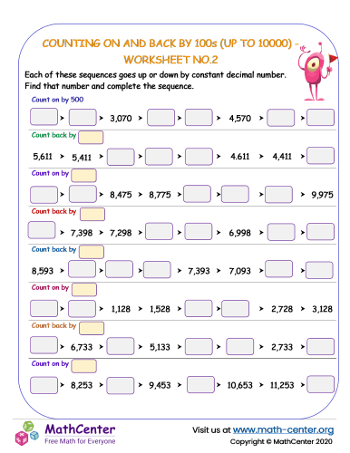 Counting on and back by 100s (up to 10.000) - worksheet no.2