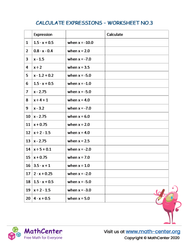Calculate expressions - Worksheet no.3