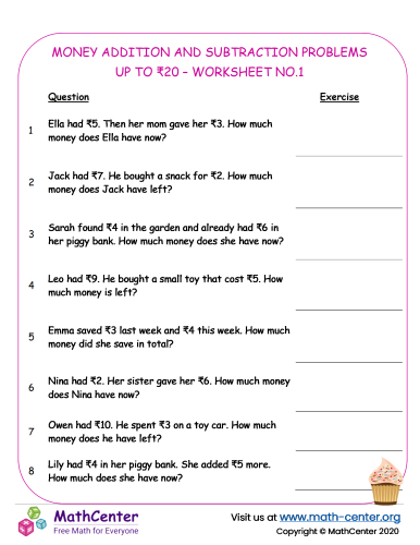 Money Addition and subtraction problems up to 20 - worksheet No.1