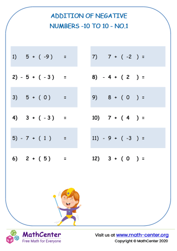 Addition of negative numbers -10 to 10 - no.1