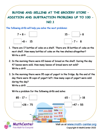 Buying and selling at the grocery shop – Addition and subtraction problems up to 100