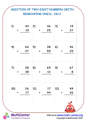 Addition of Two-Digit Numbers (with regrouping ones) - No.2