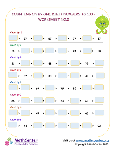 Skip counting by one digit numbers to 100 - worksheet no.2