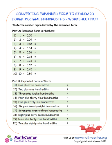 Converting Expanded Form to standard Form: Decimal Hundredths - Worksheet no.1