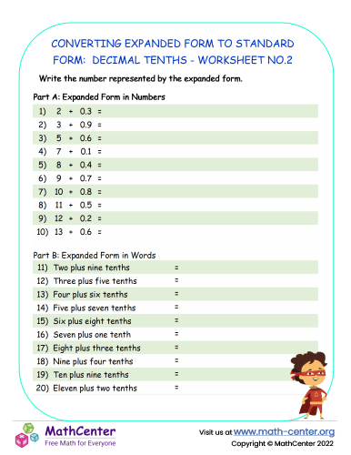 Converting Expanded Form to standard Form: Decimal Tenths - Worksheet no.2