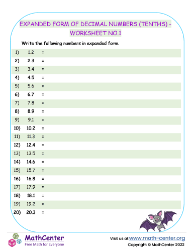Expanded Form of Decimal Numbers (Tenths) - Worksheet no.1