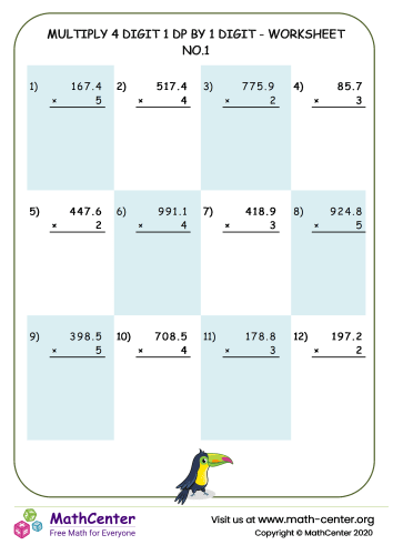 Multiply 4 digit 1 dp by 1 digit - worksheet no.1