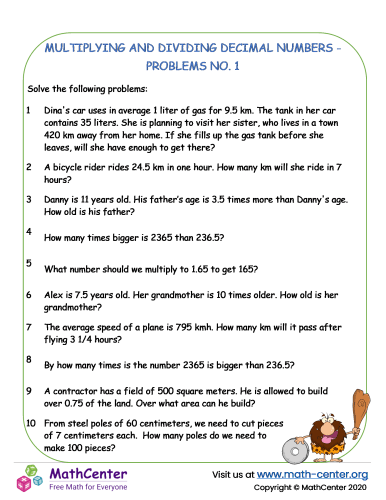 Multiplying and dividing decimal numbers problems - worksheet no.1