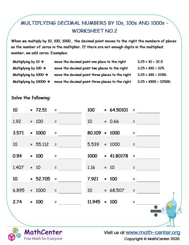 Multiplying decimal numbers by 10s worksheet no.2