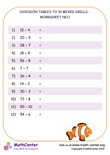 Division tables to 10 mixed drills - worksheet no.1