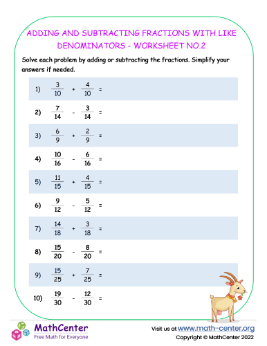 Adding and Subtracting Fractions with Like Denominators - Worksheet no.2