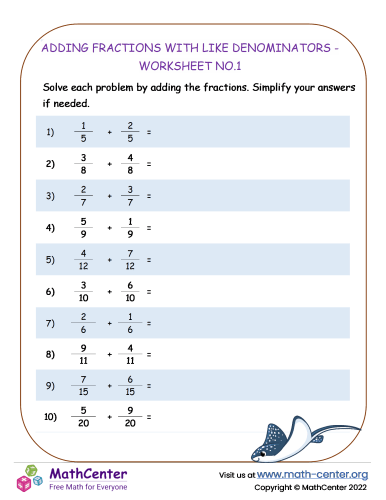 Adding Fractions with Like Denominators - Worksheet no.1