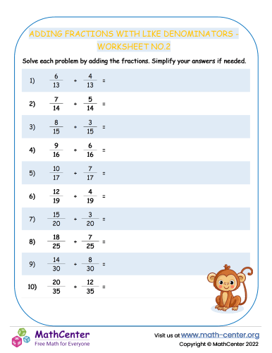 Adding Fractions with Like Denominators - Worksheet no.2