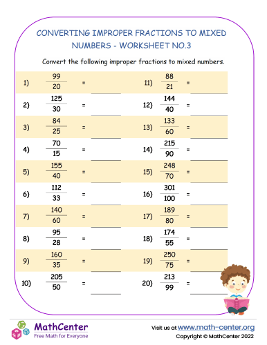 Converting Improper Fractions to Mixed Numbers - Worksheet no.3
