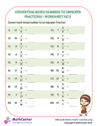 Converting Mixed Numbers to Improper Fractions - Worksheet no.2