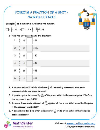 Finding a fraction of a unit - worksheet 6