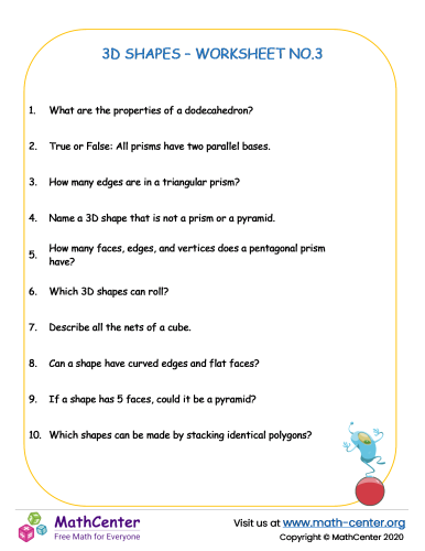 3D shapes properties Worksheet no.3