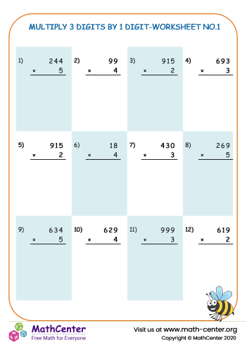 Multiply 3 digits by 1 digit - worksheet no.1