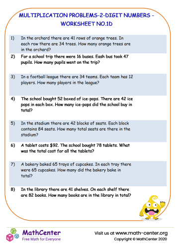 Multiplication problems - 2-digit numbers - worksheet no.1D