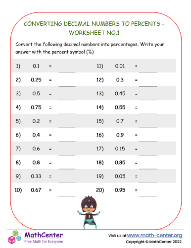 Converting Decimal Numbers to Percents - Worksheet no.1
