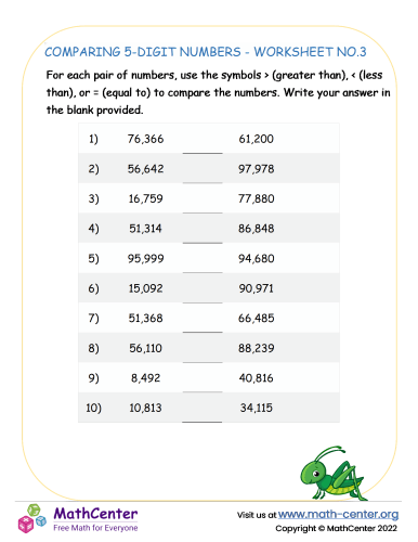Comparing 5-digit numbers - worksheet no.3