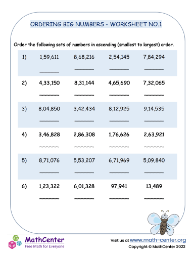 Ordering big numbers - worksheet no.1