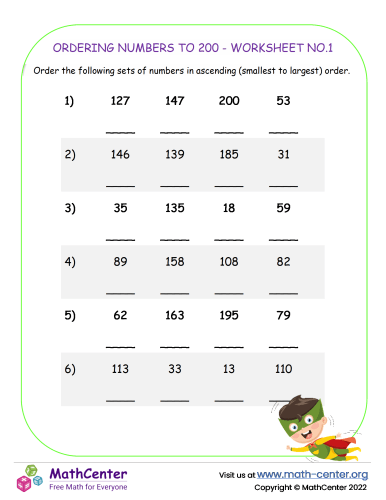 Ordering Numbers To 200 - Worksheet No.1