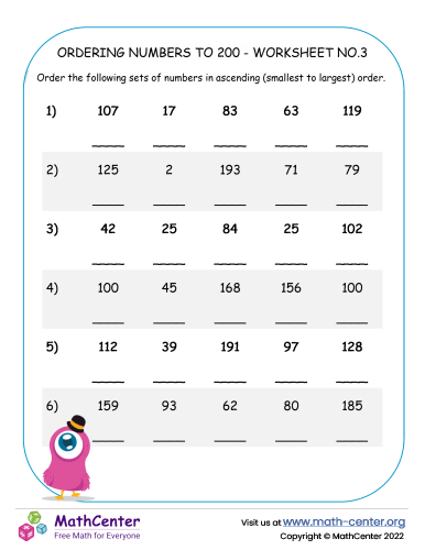 Ordering Numbers To 200 - Worksheet No.3