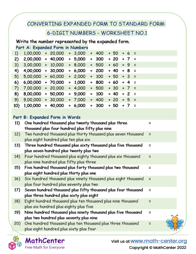 Converting Expanded Form to standard Form: 6-Digit Numbers - Worksheet no.1