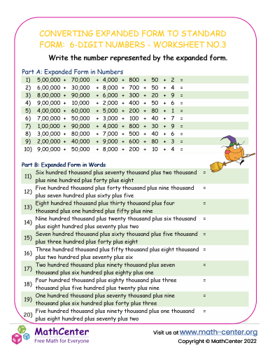 Converting Expanded Form to standard Form: 6-Digit Numbers - Worksheet no.3