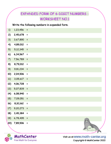 Expanded Form of 6-Digit Numbers - Worksheet no.1