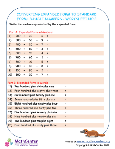 Converting Expanded Form to standard Form: 3-Digit Numbers - Worksheet no.2