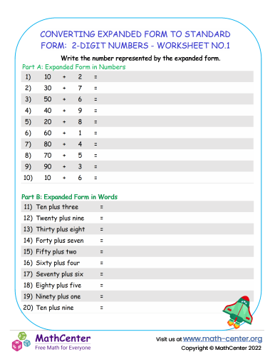 Converting Expanded Form to standard Form: 2-Digit Numbers - Worksheet no.1