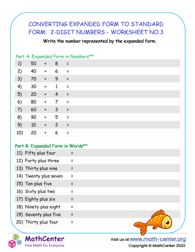 Converting Expanded Form to standard Form: 2-Digit Numbers - Worksheet no.3