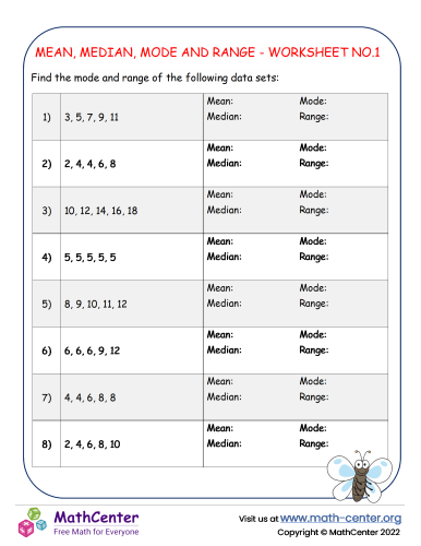 Mean , Median, Mode And Range - Worksheet No.1