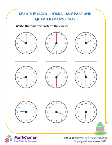Read The Clock - Hours, Half Past And Quarter Hours - No.2